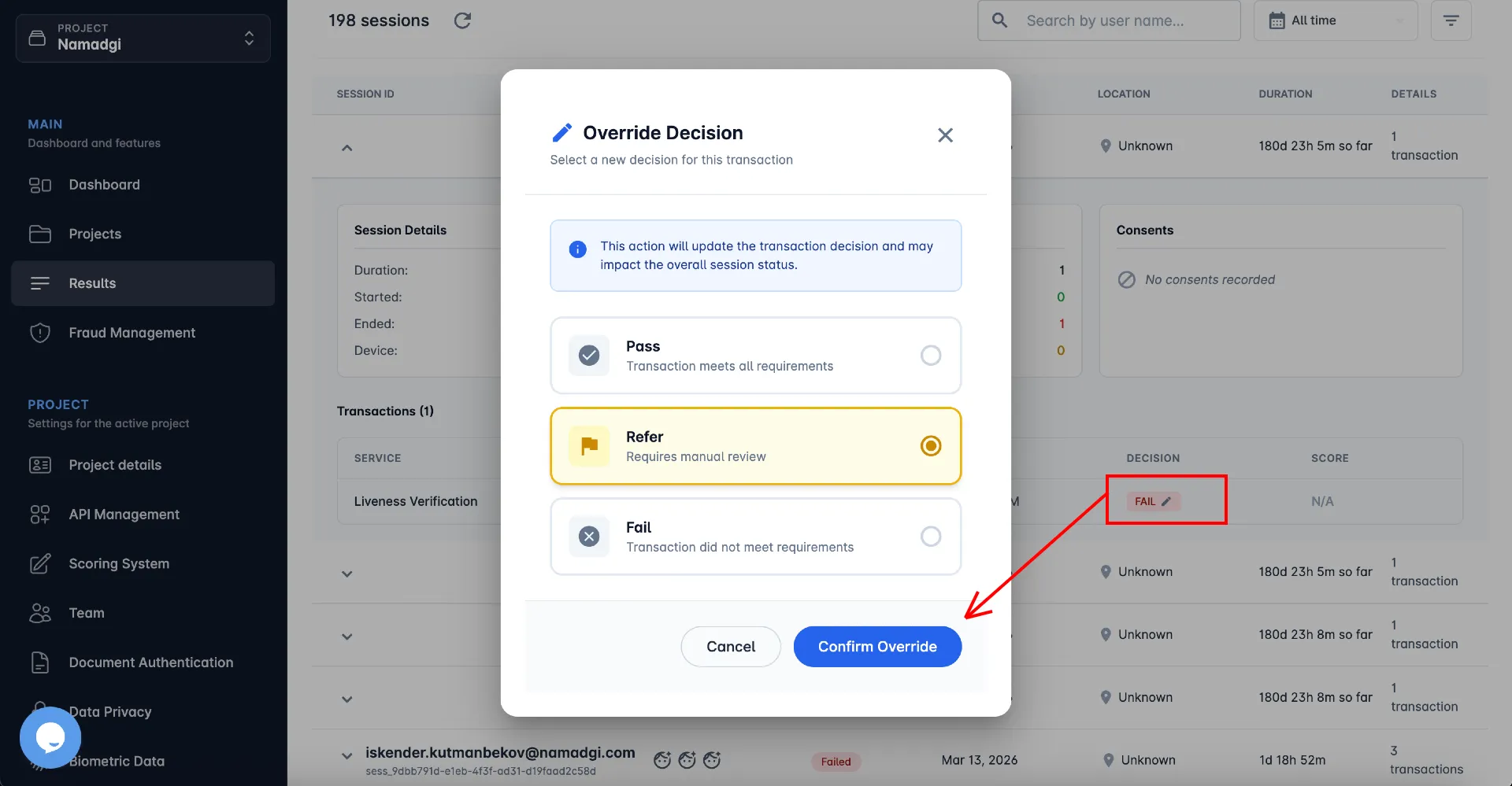 The decision override dialog, and the history showing the original decision alongside it.