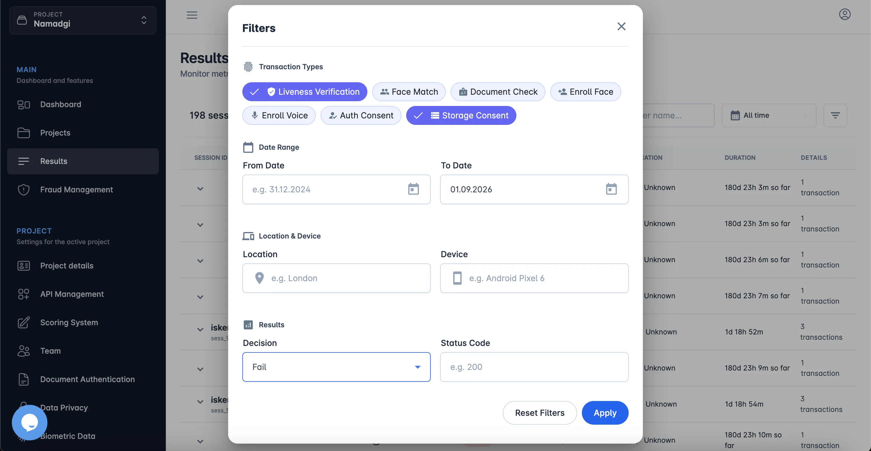The filter dialog with several filters applied.