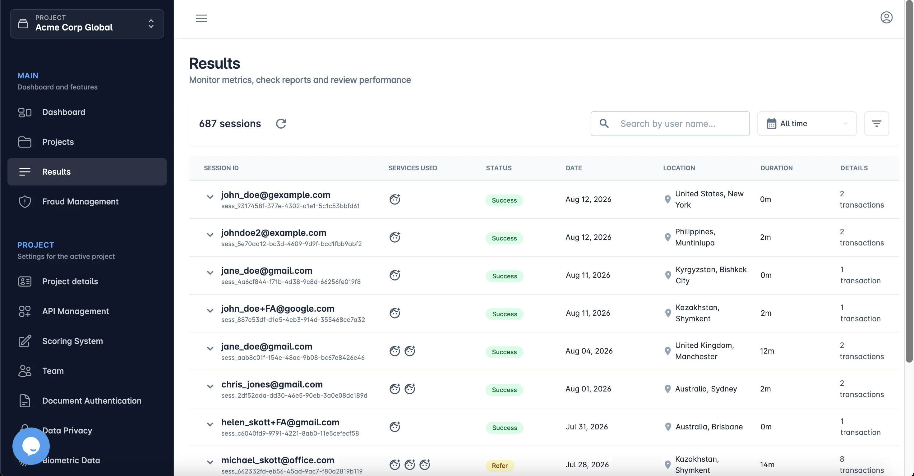 The Results list, showing sessions with their services, status and location.