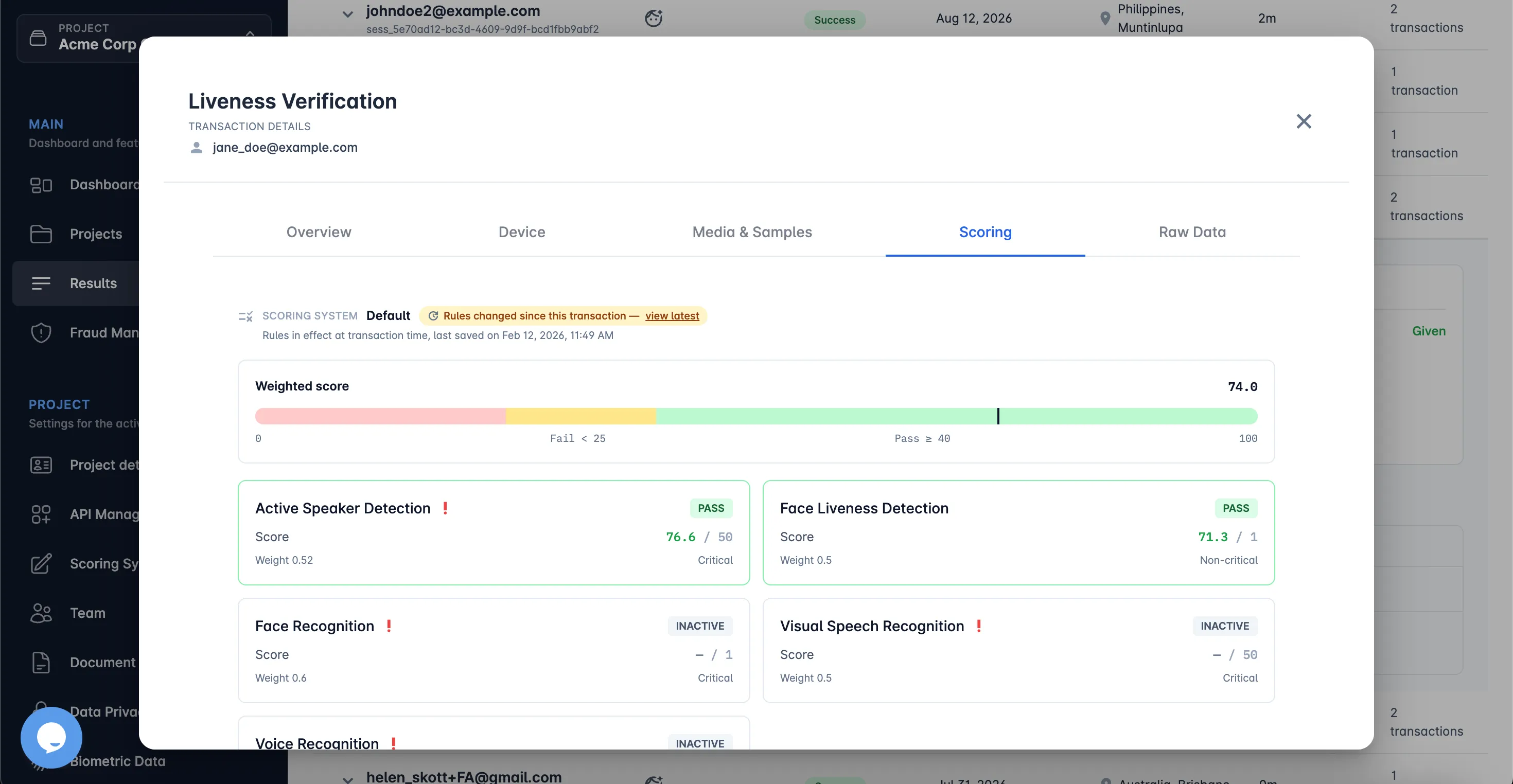 The scoring breakdown, showing each service's score against its configured thresholds.