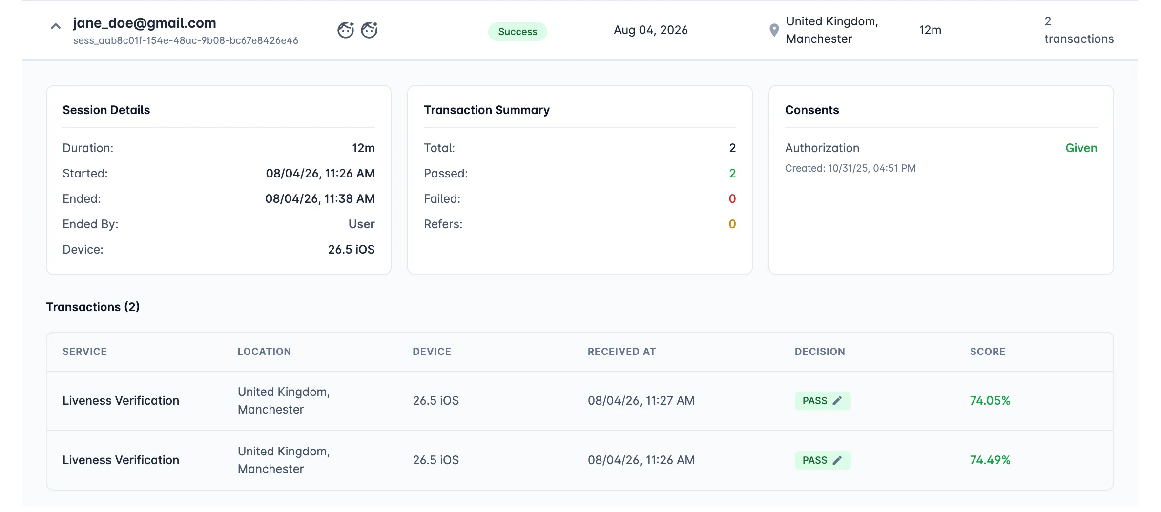 A session expanded to show the individual transactions it contains.