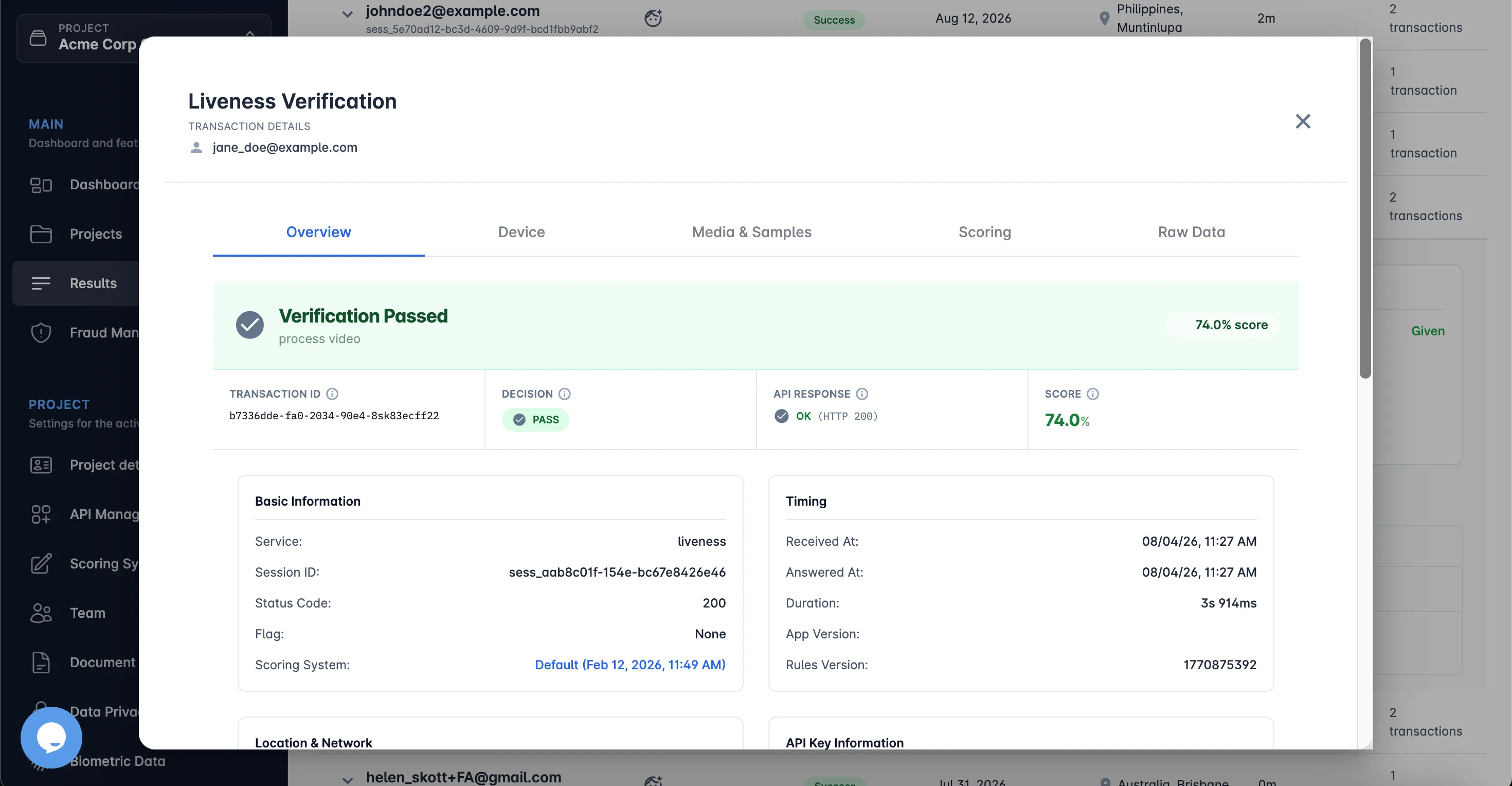Transaction detail, showing each service's result and the scoring breakdown.